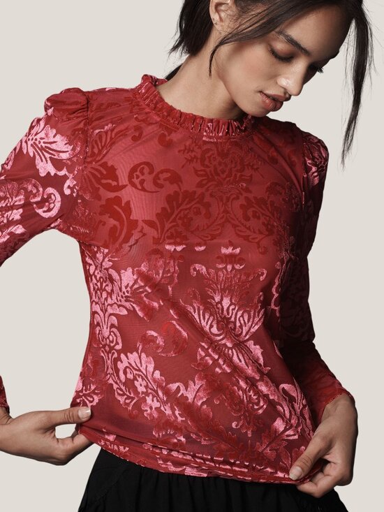 Anthropologie Tops - Anthropologie Sheer Velvet Burnout Top Long Sleeve Red Large